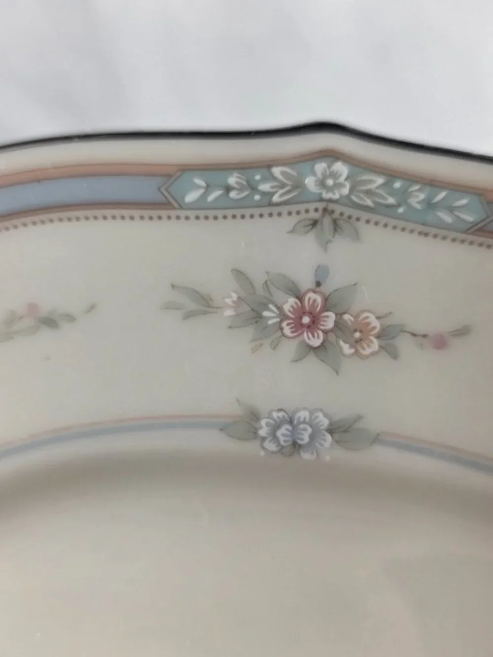 TWO Noritake Rothschild Dinner Plates Ivory Blue Band with Pink Flowers